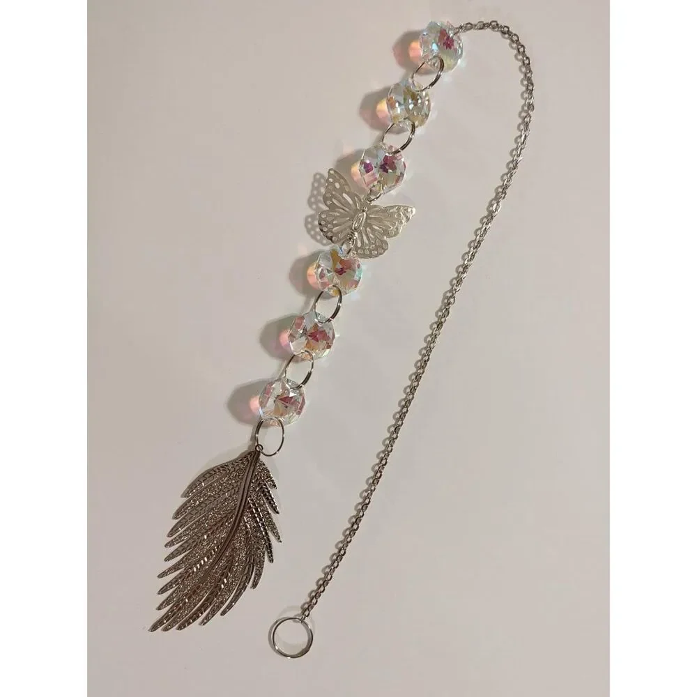 Iridescent Glass Butterfly Silver Leaf Chain Hanging Suncatcher Ornament 17